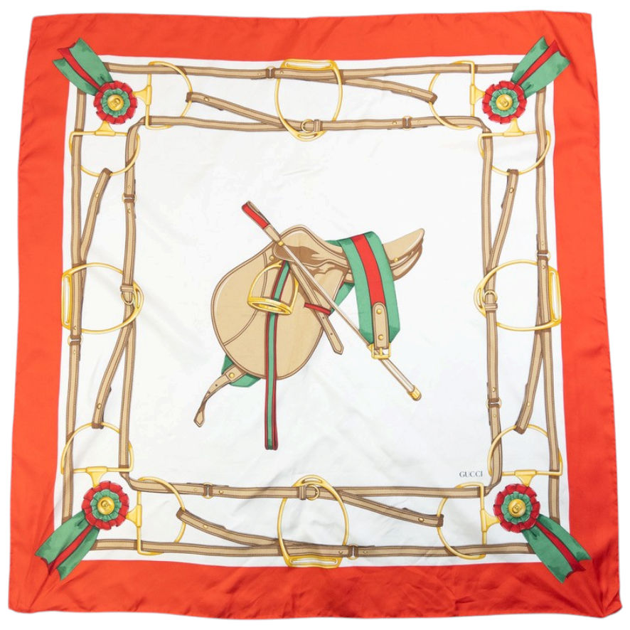 Vintage 80s Gucci Equestrian Horse Harness Print Silk Scarf | O/S, Orange and White