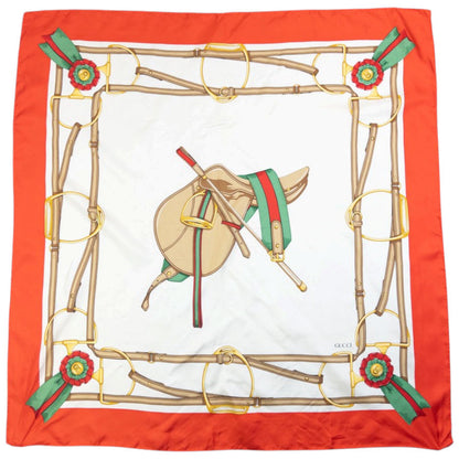 Vintage 80s Gucci Equestrian Horse Harness Print Silk Scarf | O/S, Orange and White