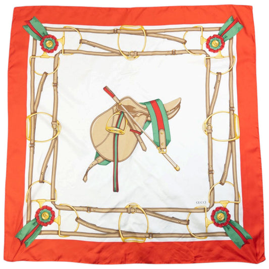 Vintage 80s Gucci Equestrian Horse Harness Print Silk Scarf | O/S, Orange and White