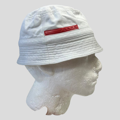 Prada Sport 1999 White Cotton Red Rubber Tab Bucket Hat - M | O/S, Red