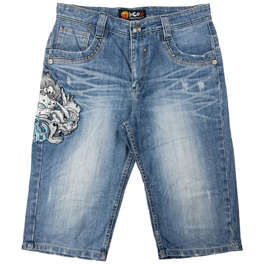 Vintage Jizo Bosatsu Embroidered Japanese Denim Shorts Size W32