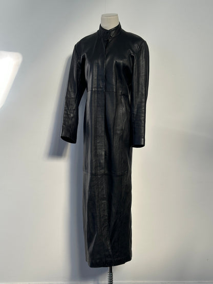 Vintage 1990s leather trench coat, floor length, size small, featuring classic design and rich leather texture.