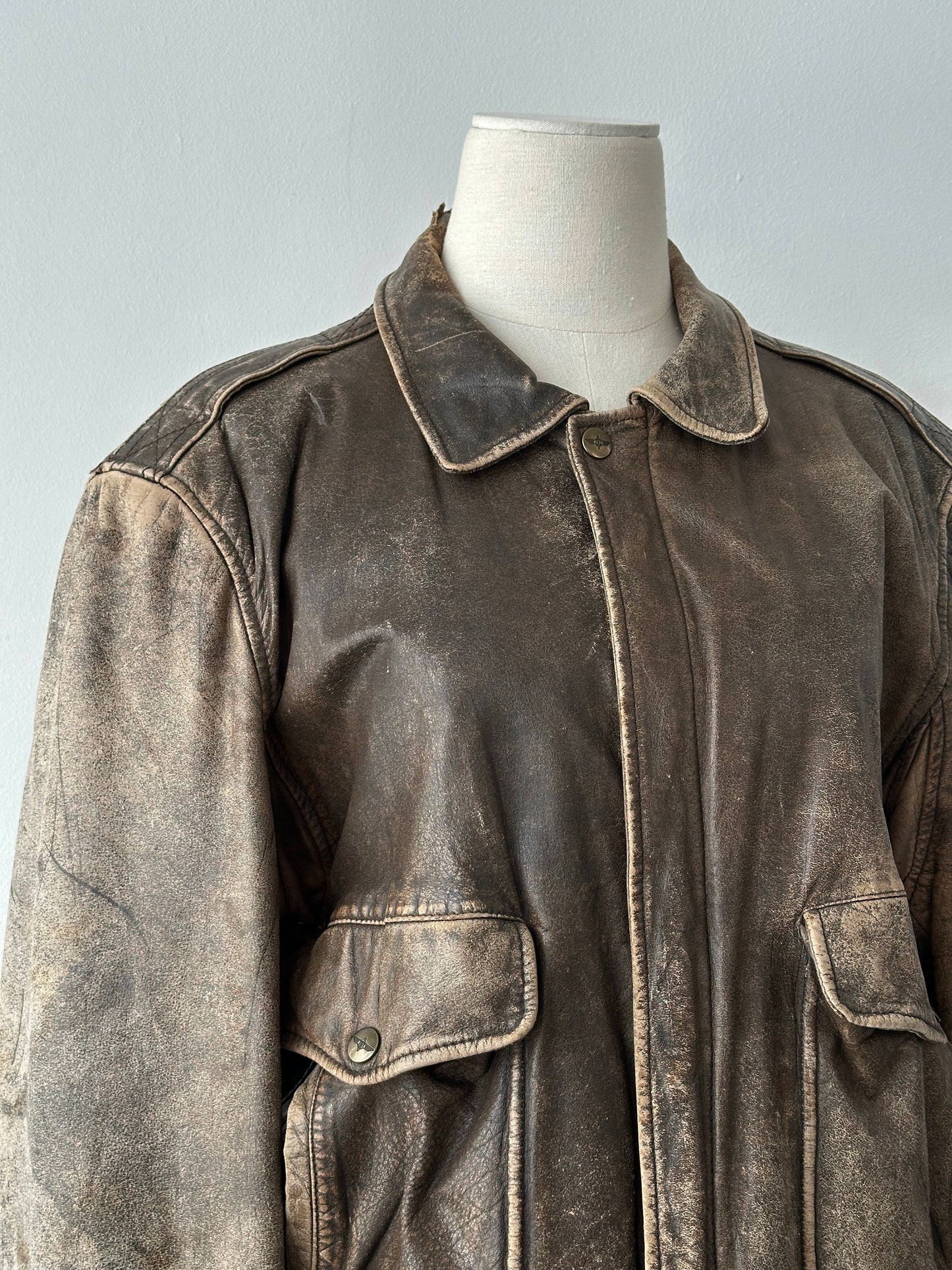 Vintage 1990s Distressed Leather Bomber Jacket - M-L
