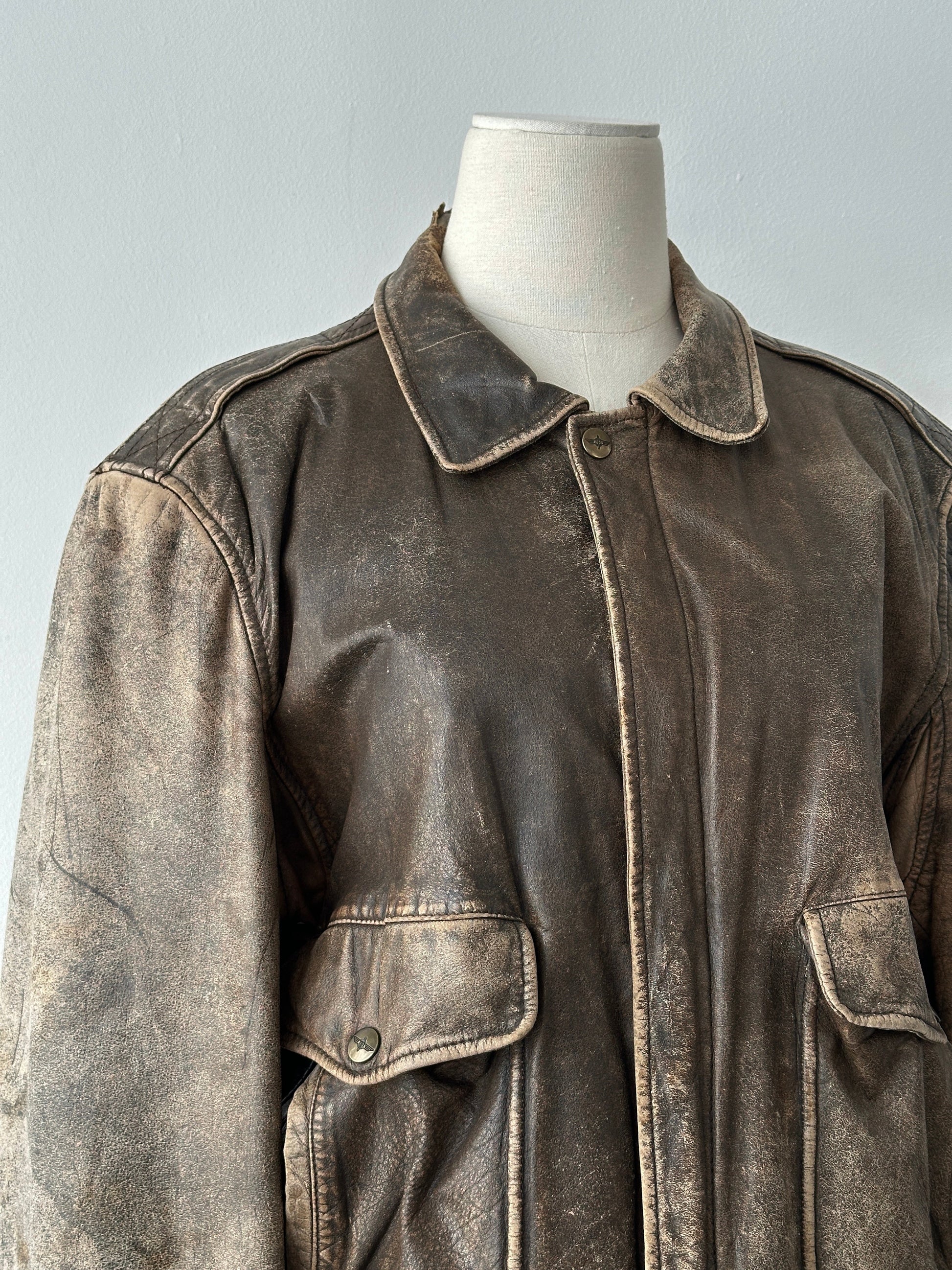 Vintage 1990s Distressed Leather Bomber Jacket - M-L