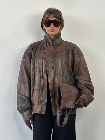 Vintage 1990s High Neck Aged Leather Bomber Jacket - XL