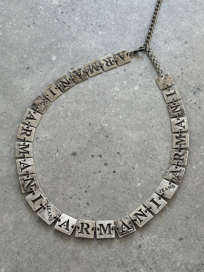 Armani Jeans 1990s monogram chain belt, one size, featuring metallic chain design and branded logo details.