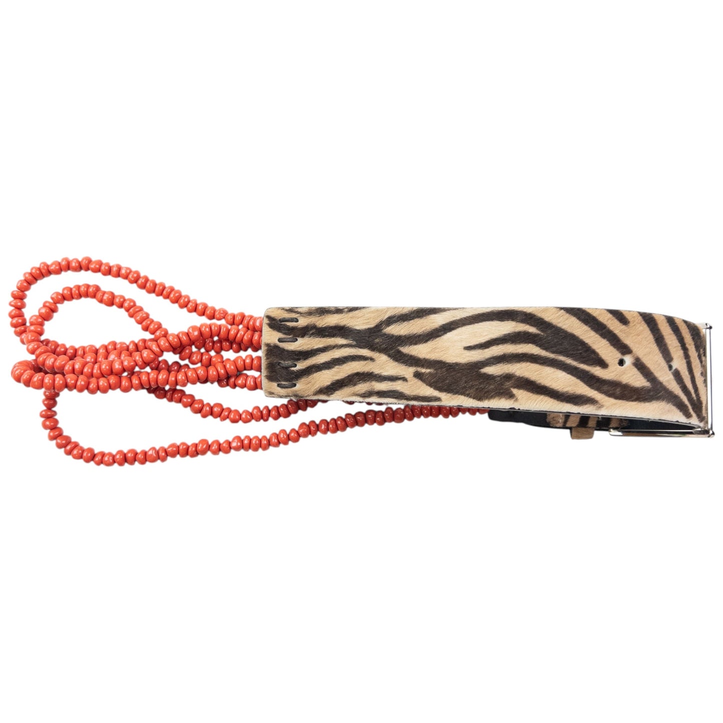 Vintage 90s Gianni Versace Beaded Zebra Striped Pony Hair Belt Size S | O/S, Tan, Black, Red