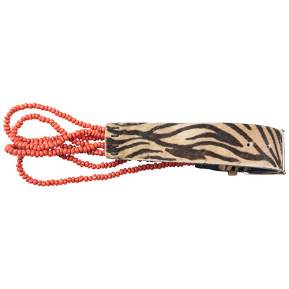 Vintage 90s Gianni Versace Beaded Zebra Striped Pony Hair Belt Size S | O/S, Tan, Black, Red