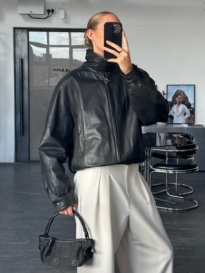 Vintage 1980s High Neck Leather Bomber Jacket - L