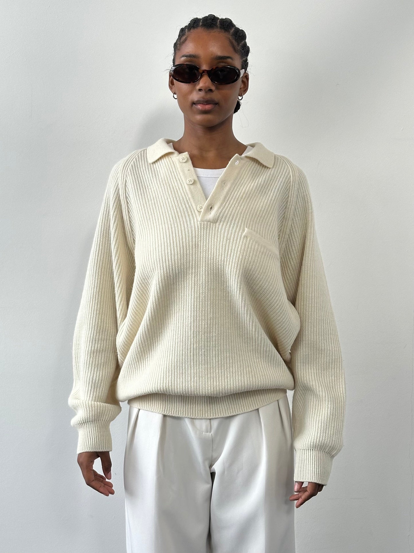 Vintage 1990s Wool Knitted Polo Jumper - XL