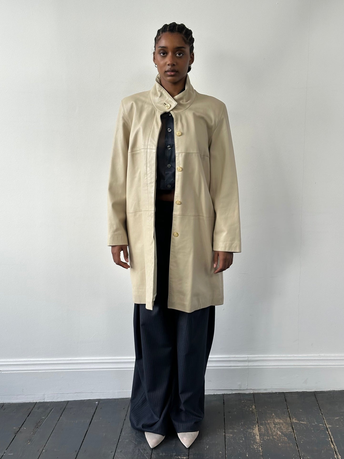 Vintage 1990s High Neck Leather Trench Coat - M/L