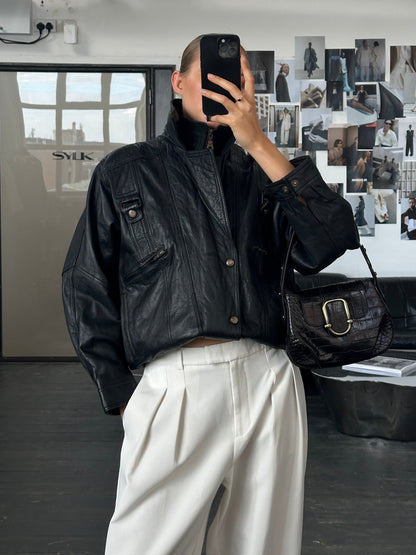 Vintage 1990s High Neck Leather Bomber Jacket - M