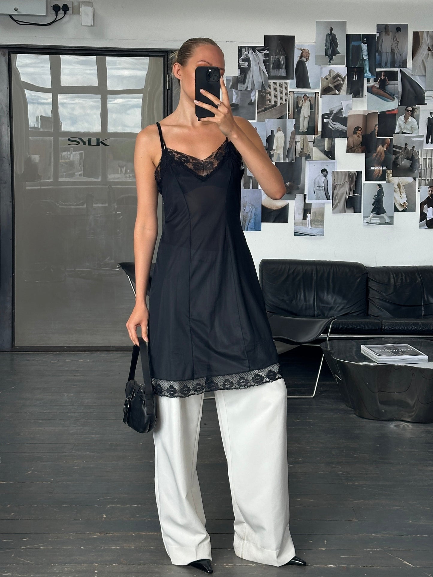 Vintage 1980s Lace Semi Sheer Slip Dress - M