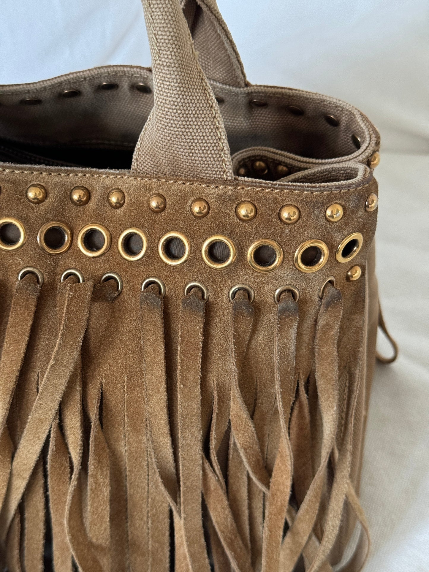 RARE 2010s Prada Grommet Suede Frill Handbag | O/S, Brown