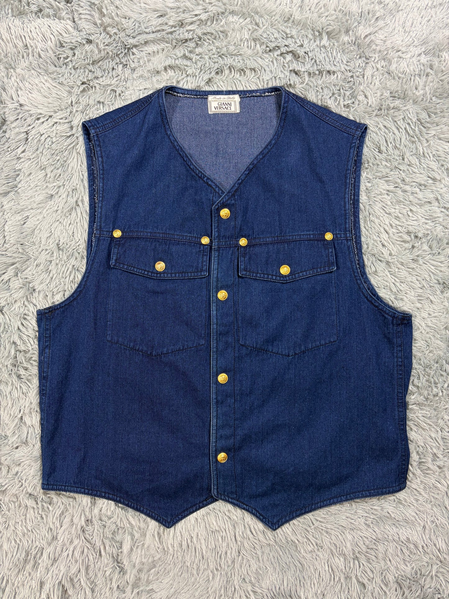 Gianni Versace 1992 Medusa Studded Indigo Denim Vest - IT50 | O/S, Gold