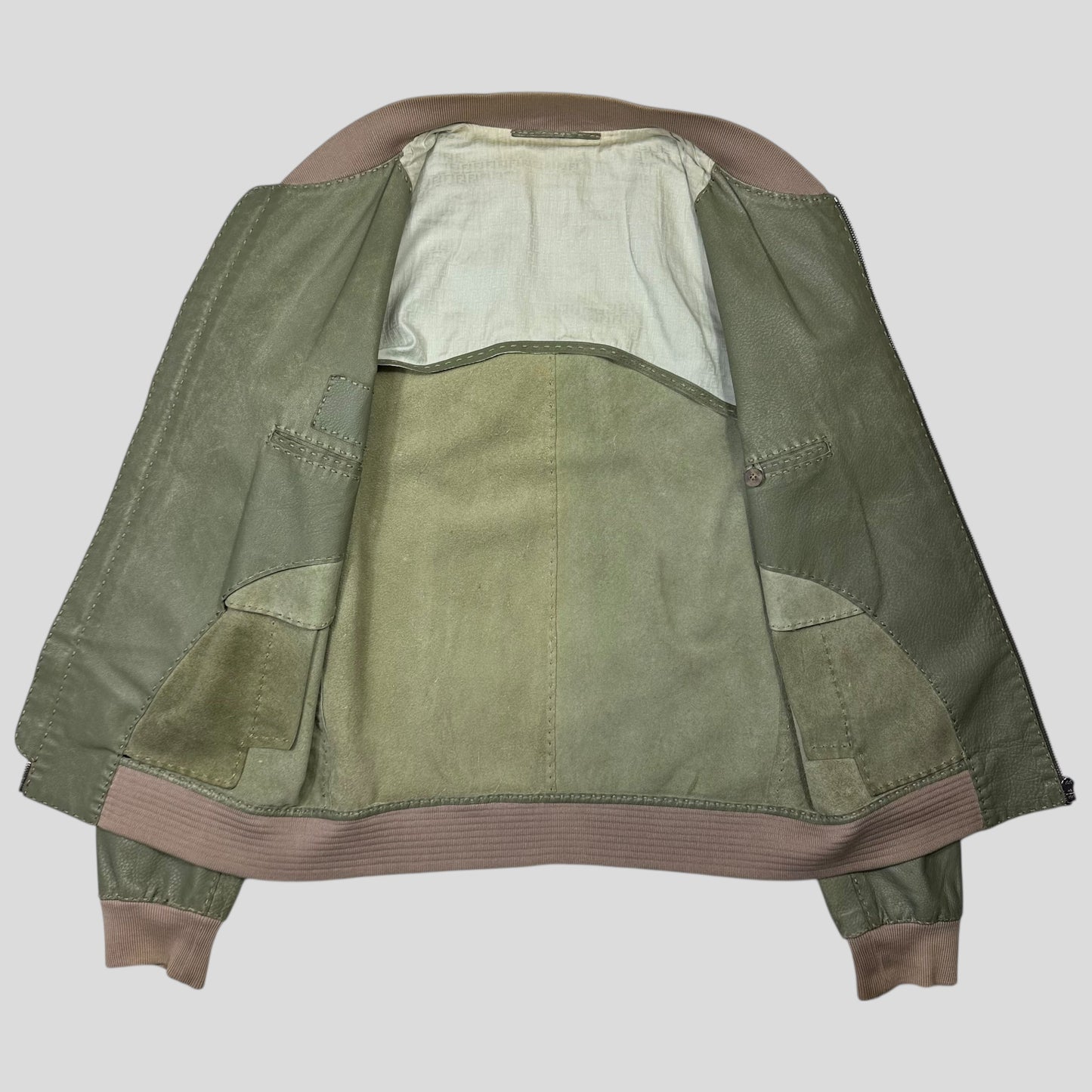 Fendi Avocado Green Lambskin Leather FF Zucca Bomber Jacket - IT46 (S/M)