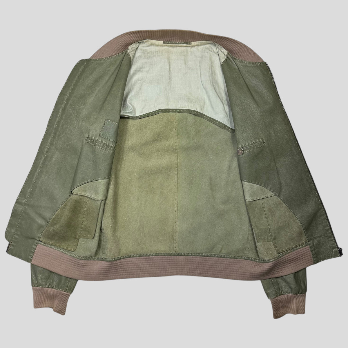 Fendi Avocado Green Lambskin Leather FF Zucca Bomber Jacket - IT46 (S/M) | Small