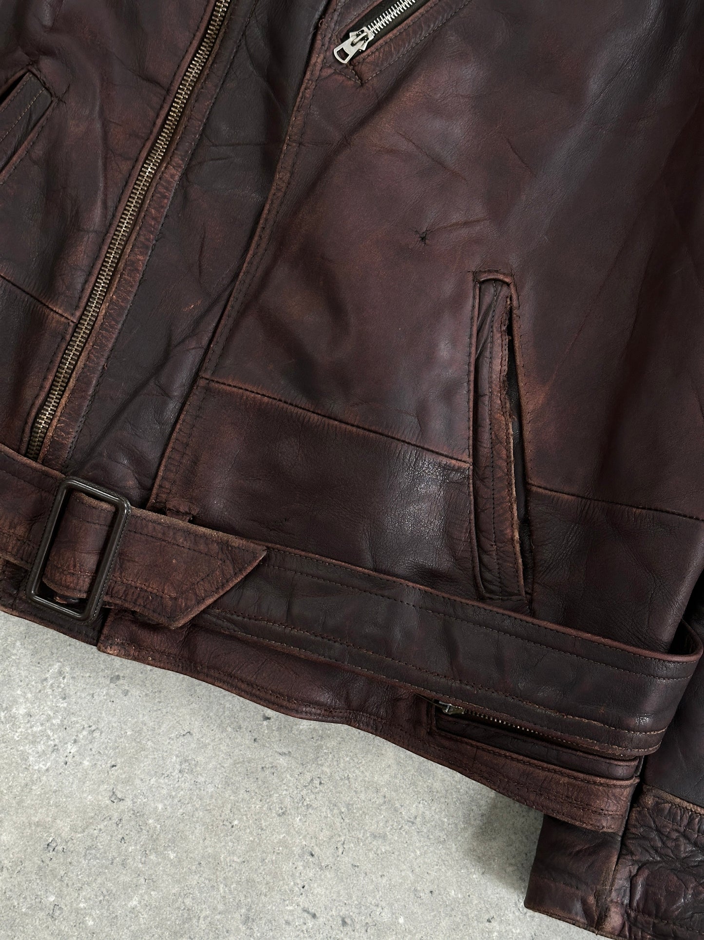 Vintage 1980s Distressed Leather Biker Jacket - L/XL