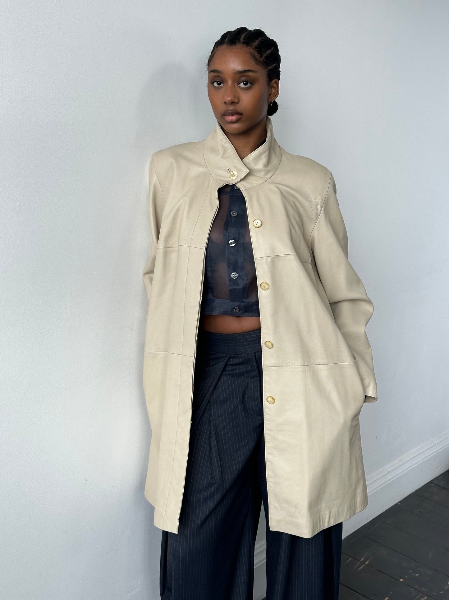 Vintage 1990s High Neck Leather Trench Coat - M/L