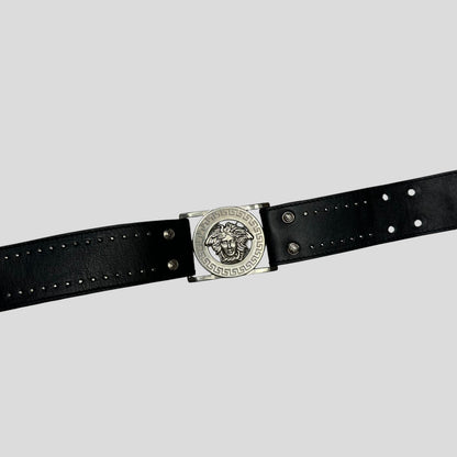 Gianni Versace 90’s Studded Metal Medusa Leather Belt | O/S, Black