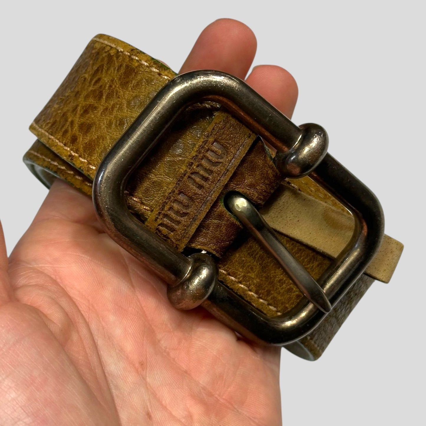 Miu Miu 00’s Leather Textured Metal Buckle Logo Belt - 30-38