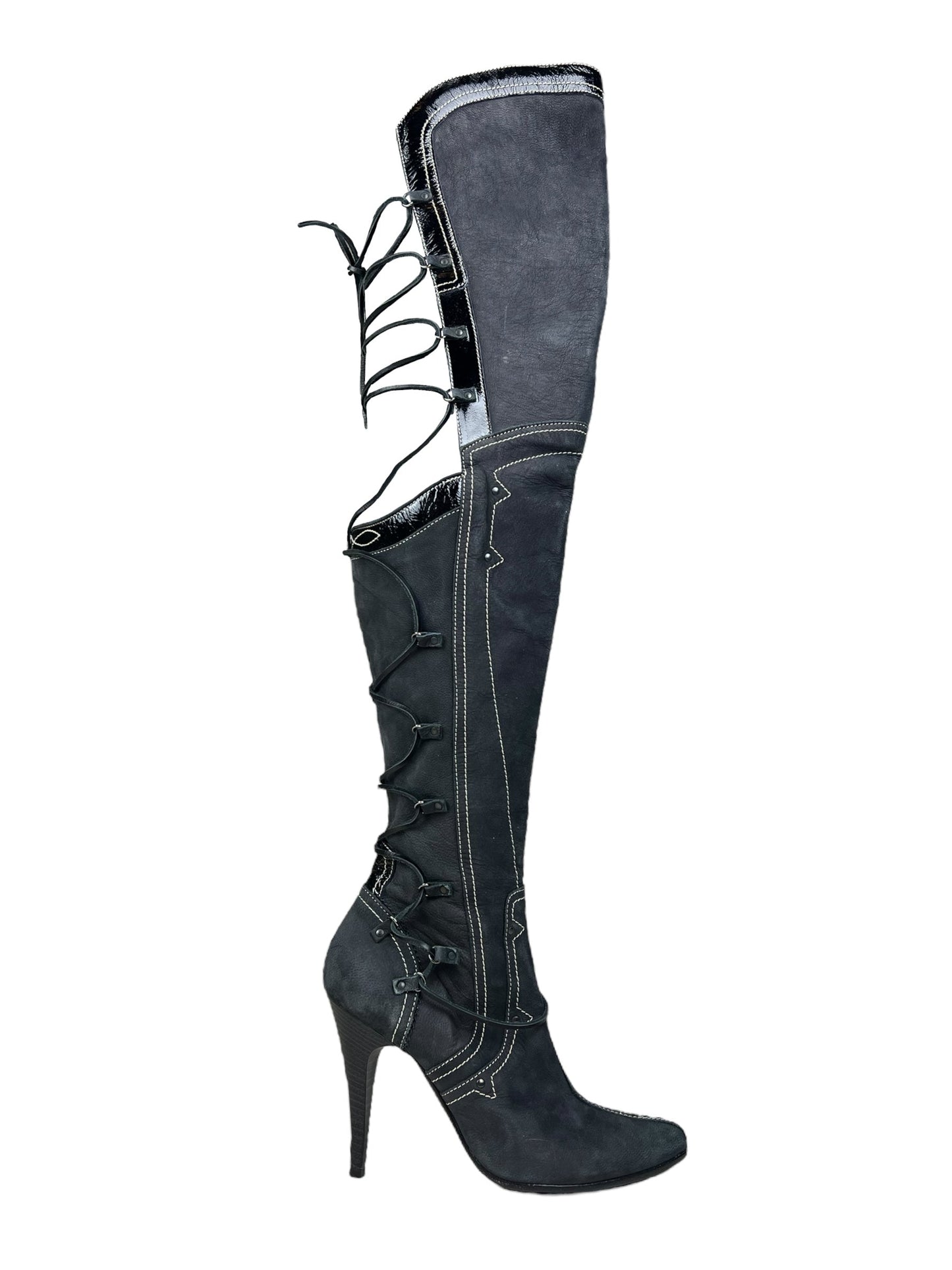Diesel StyleLab Y2K thigh high corset back leather boots | GREY, Black
