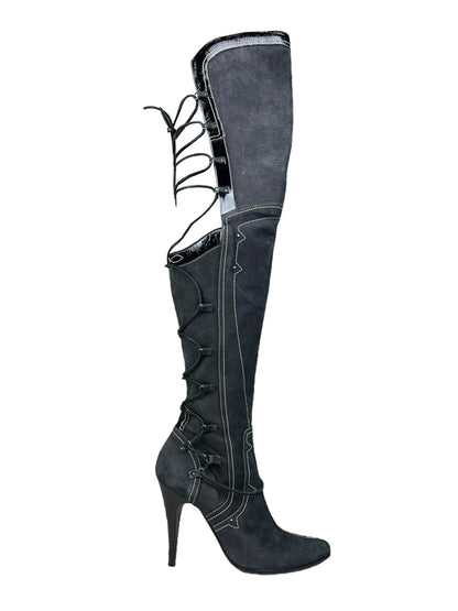 Diesel StyleLab Y2K thigh high corset back leather boots | GREY, Black