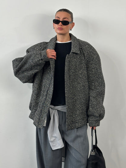 Vintage 1990s Wool Herringbone Bomber Jacket - XXL