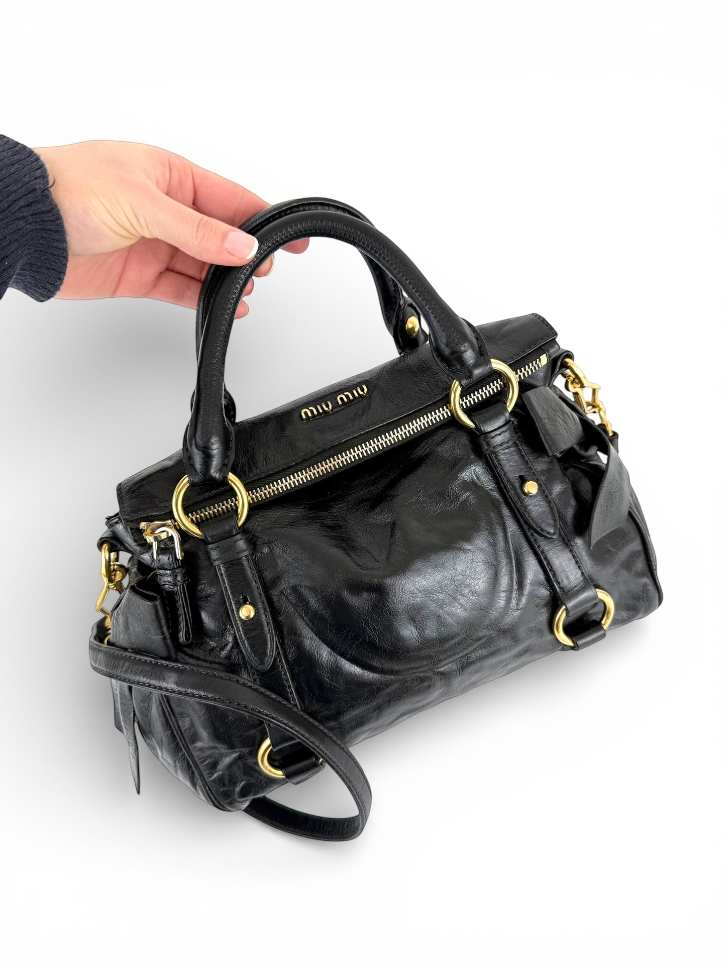 2012 Miu Miu Vitello Shine Leather 2way Bow Black Handbag | O/S, Black