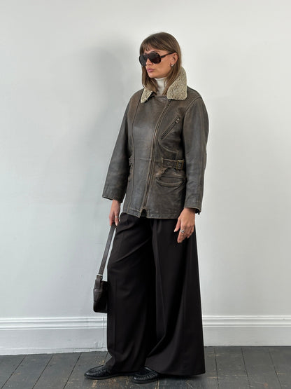 Vintage 1990s Aged Aviator Leather Jacket - M