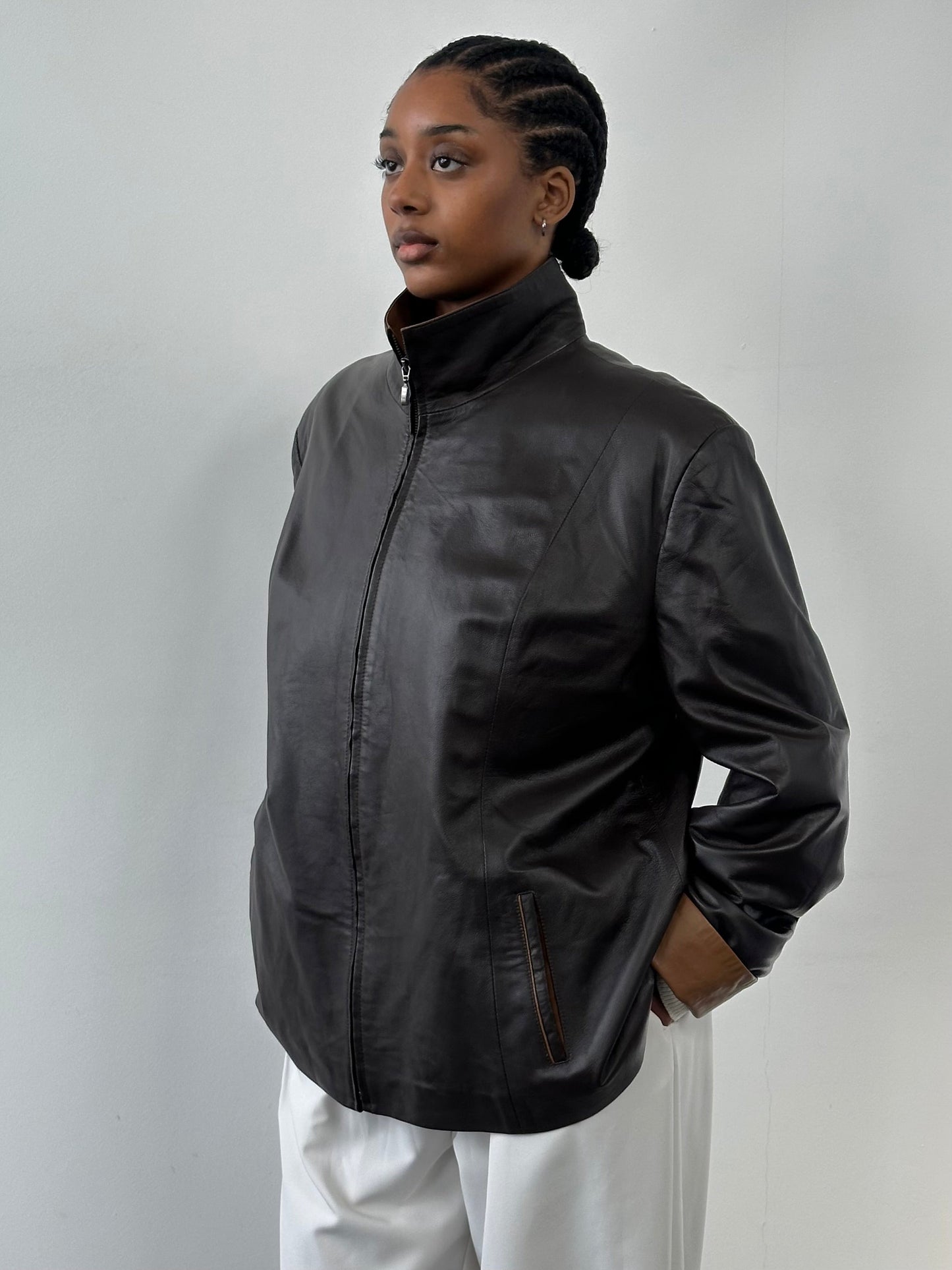Vintage 1990s High Neck Contrast Leather Jacket - XL