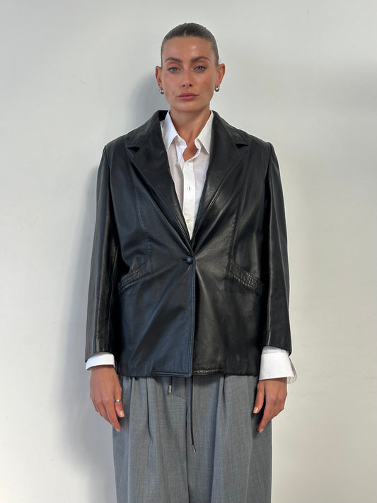 Vintage Single Button Leather Blazer Jacket - M