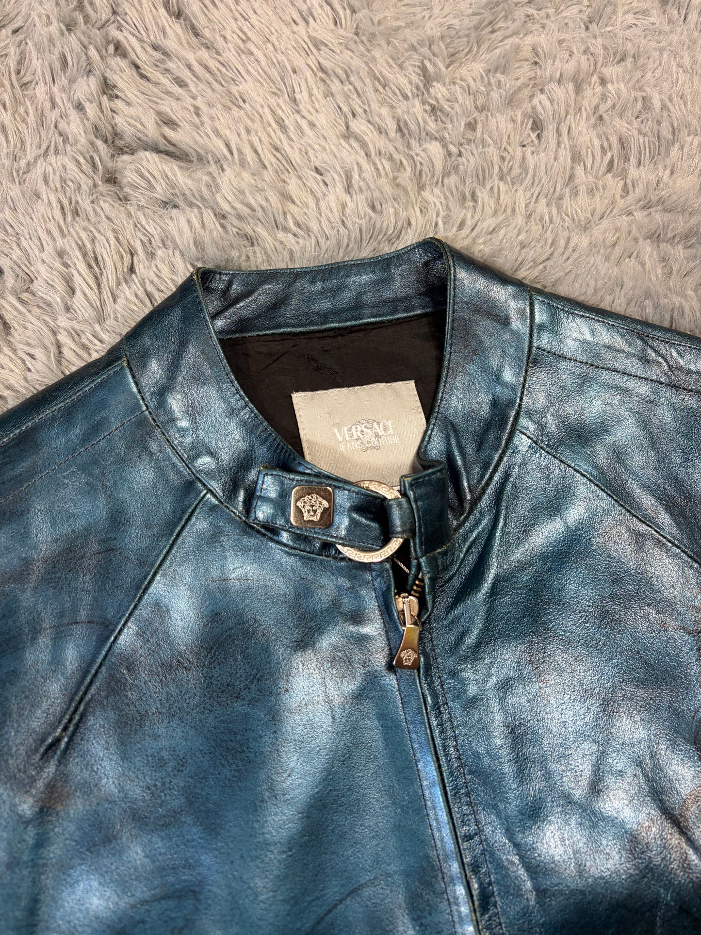 Versace VJC 00’s Blue Leather Metallic Rockstar Jacket - L | O/S, Multicoloured