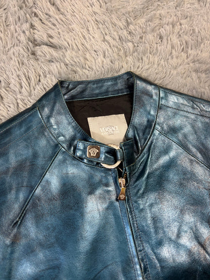 Versace VJC 00’s Blue Leather Metallic Rockstar Jacket - L | O/S, Multicoloured