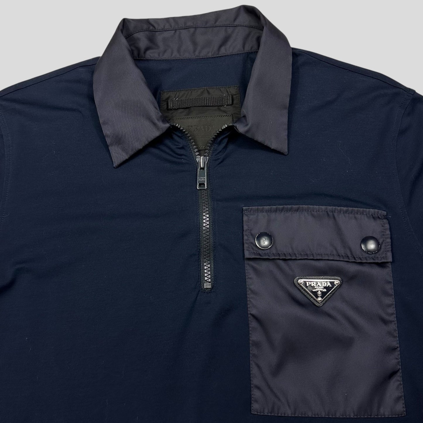 Prada 2019 Nylon Pocket Plaque Logo 1/4 Zip Shirt - M