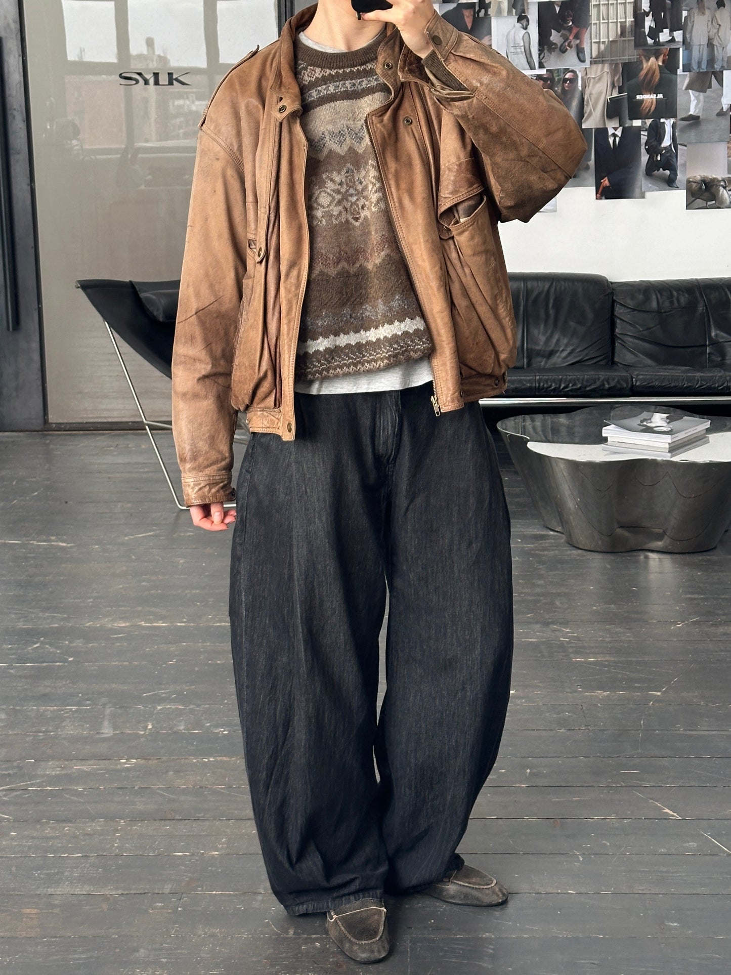 Vintage 1990s High Neck Aged Leather Bomber Jacket - M/L