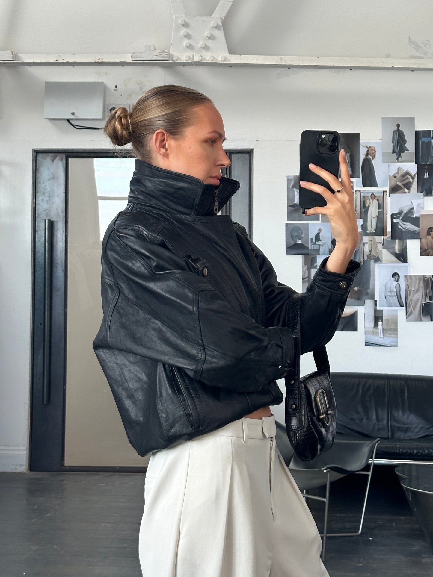 Vintage 1990s High Neck Leather Bomber Jacket - M