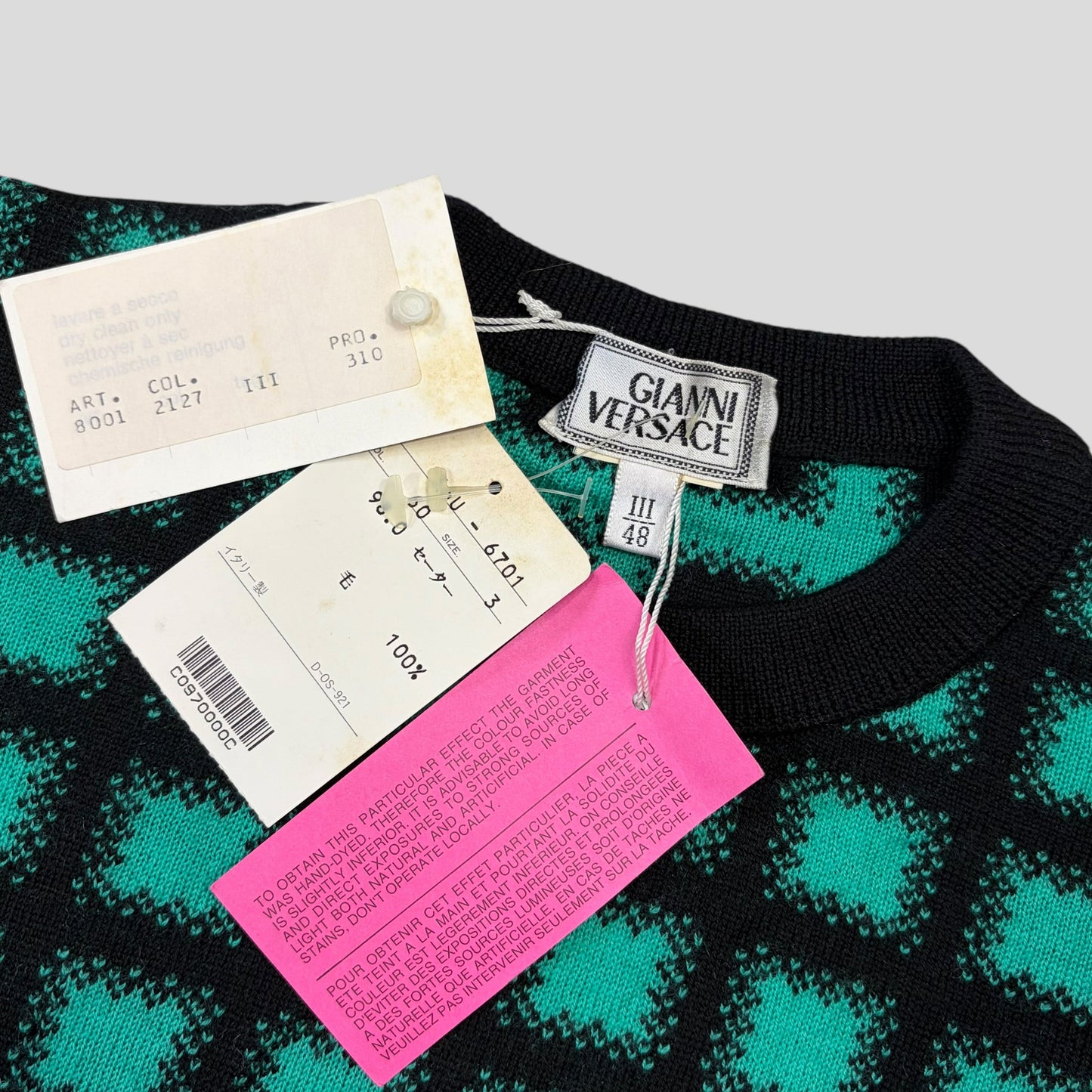 Gianni Versace 1991 Gradient Grid Graphic Knitted Wool Jumper - M/L | O/S, Black