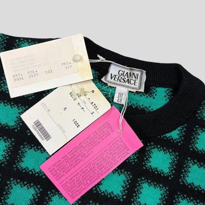 Gianni Versace 1991 Gradient Grid Graphic Knitted Wool Jumper - M/L | O/S, Black