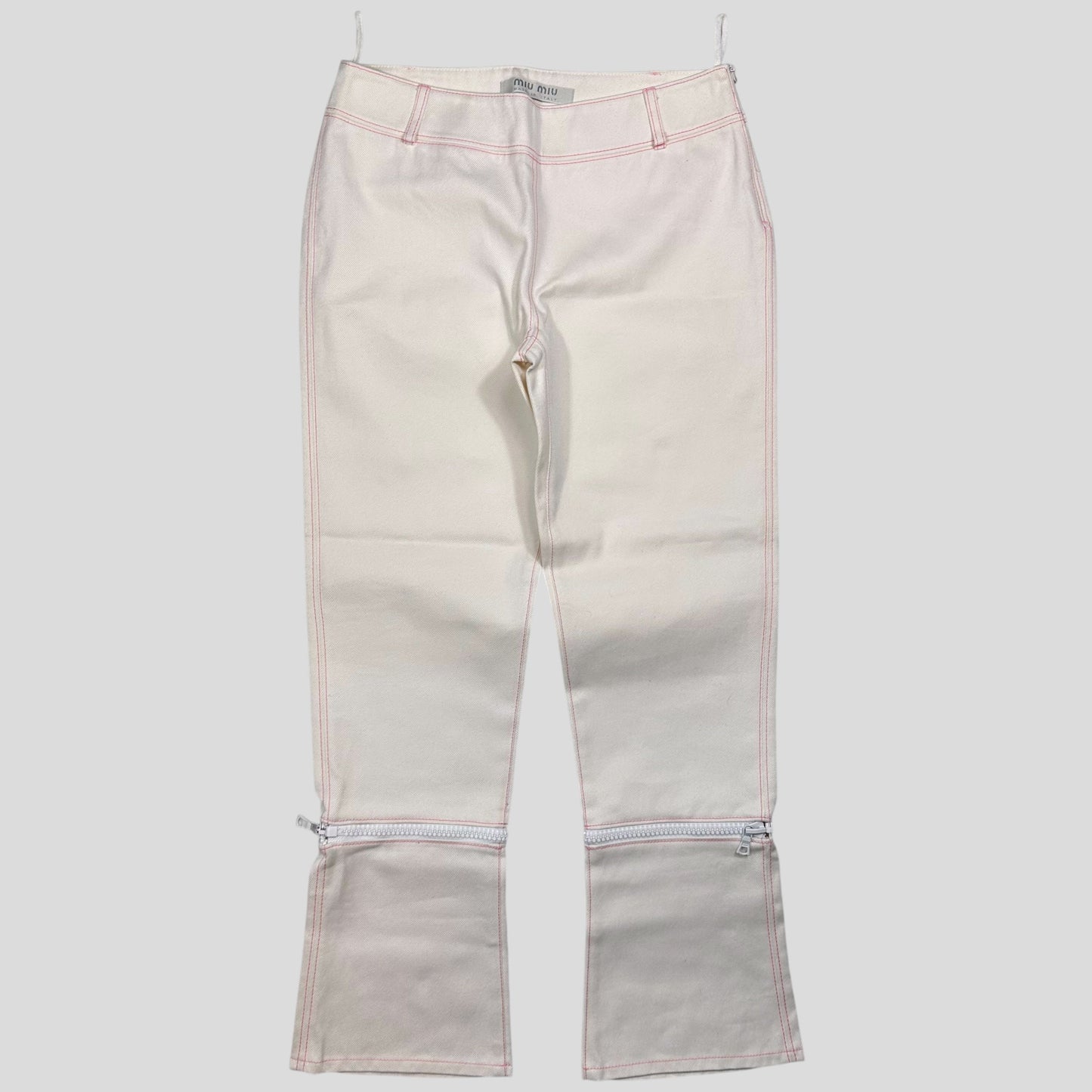 Miu Miu SS00 White and Pink Contrast Stitch Zip-off Bell Trousers - IT42 | Default Title, Pink
