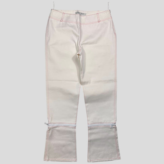 Miu Miu SS00 White and Pink Contrast Stitch Zip-off Bell Trousers - IT42 | Default Title, Pink
