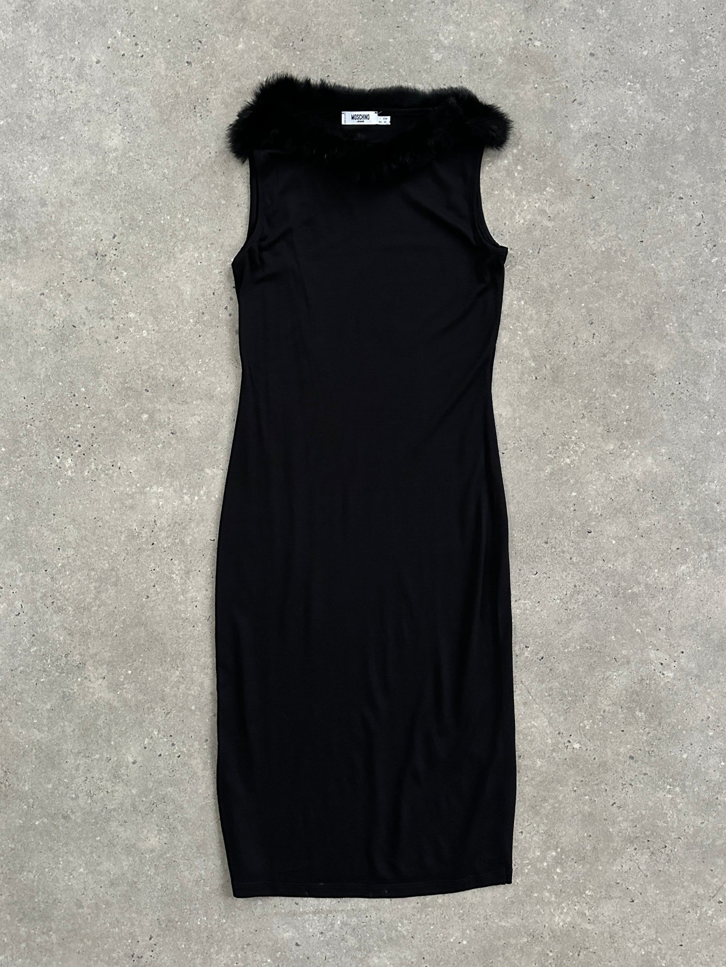 Moschino 1990s Feather Trim Boat Neck Midi Dress - S/M