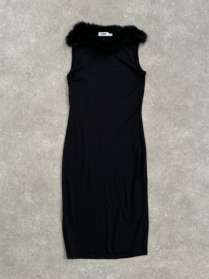 Moschino 1990s Feather Trim Boat Neck Midi Dress - S/M