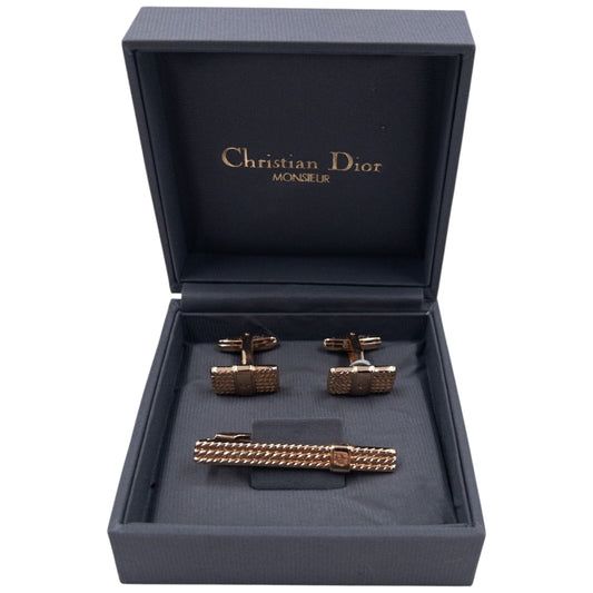 Vintage 90s Dior Embossed Tie Clip & Cufflinks | O/S, Gold