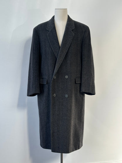 Vintage 1990s Wool Cashmere Herringbone Double Breasted Coat - XL
