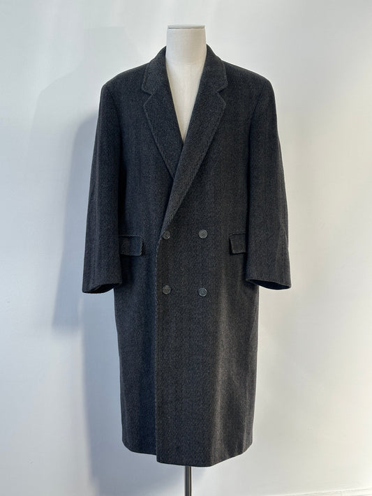 Vintage 1990s Wool Cashmere Herringbone Double Breasted Coat - XL