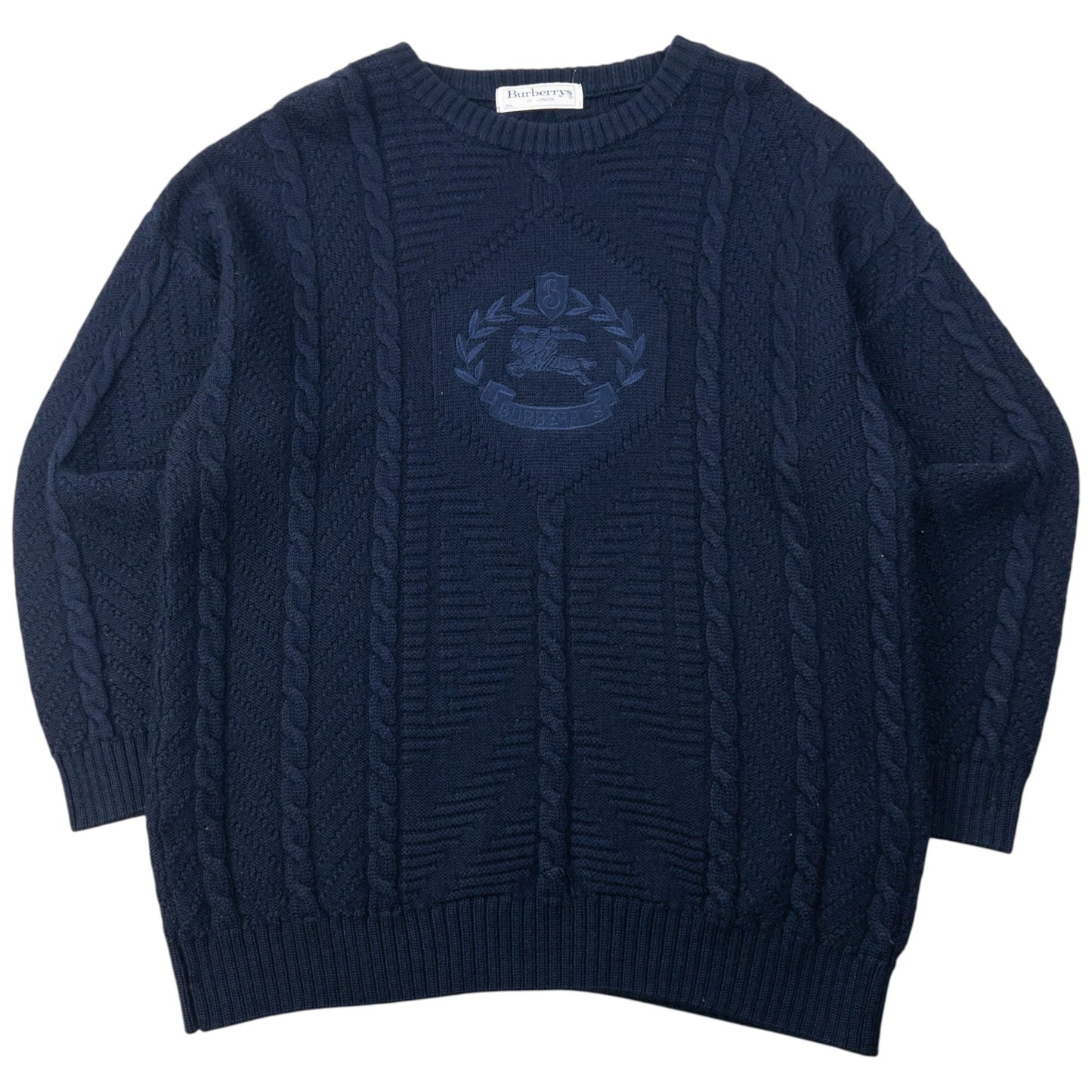 Vintage 90s Burberry Embroidered Wool Cable Knit Jumper Size XL | XL, Navy