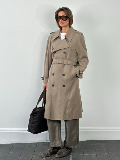 London Fog 1980s Wool Double Breasted Belted Trench Coat - L