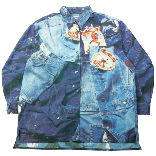 Vintage 90s Moschino Jeans Denim Print Long Sleeve Button Up Shirt Size L | Large, Red