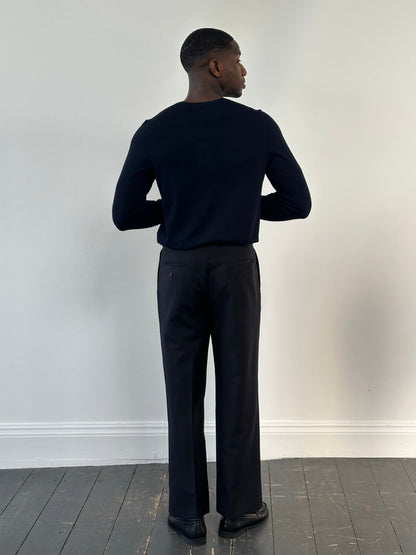 Vintage 1990s wool mohair pleated trousers in khaki, W34, showing the front view with pleats and tailored fit.